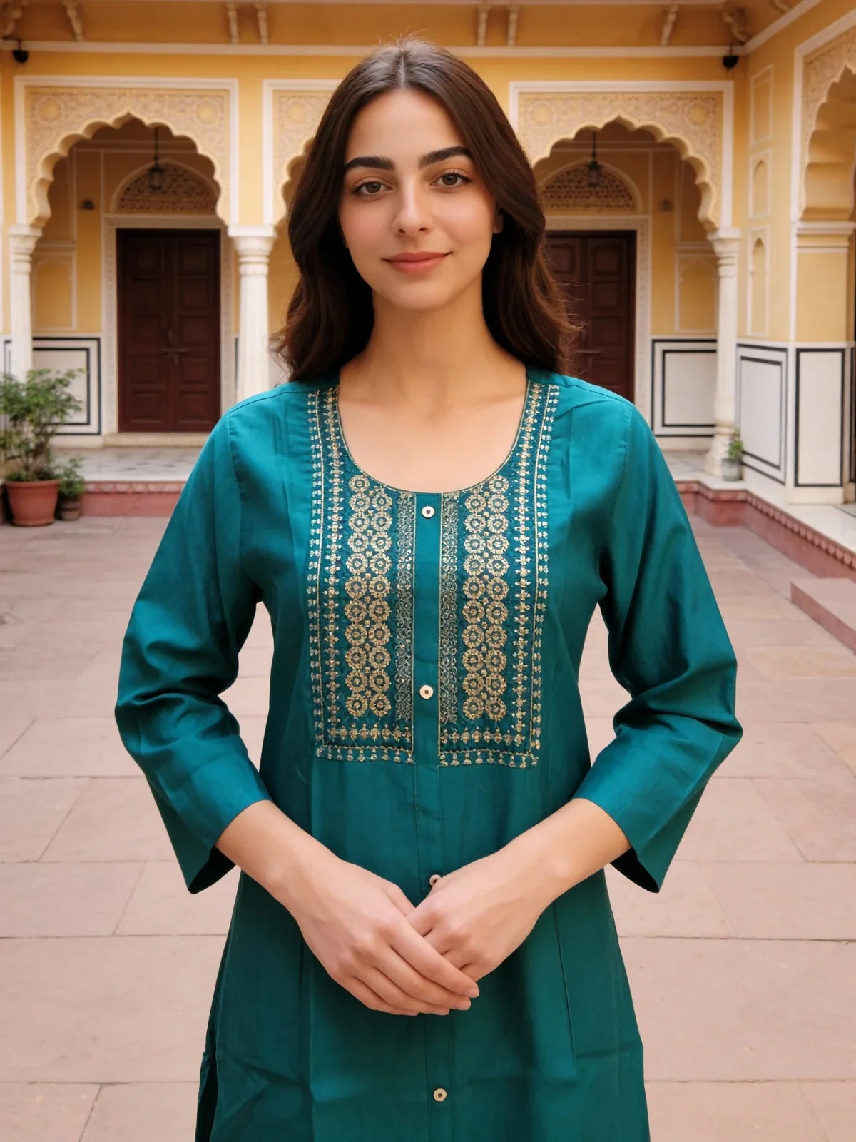 Buy Poly Viscose Embroidered A-Line Calf Length Kurta-Turquoise