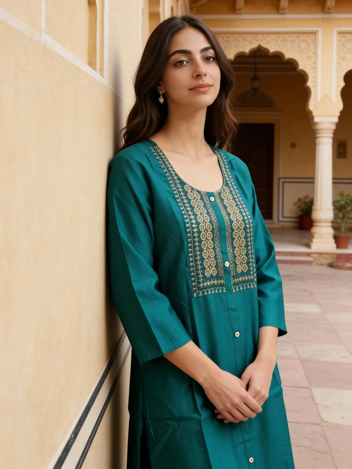 Buy Poly Viscose Embroidered A-Line Calf Length Kurta-Turquoise