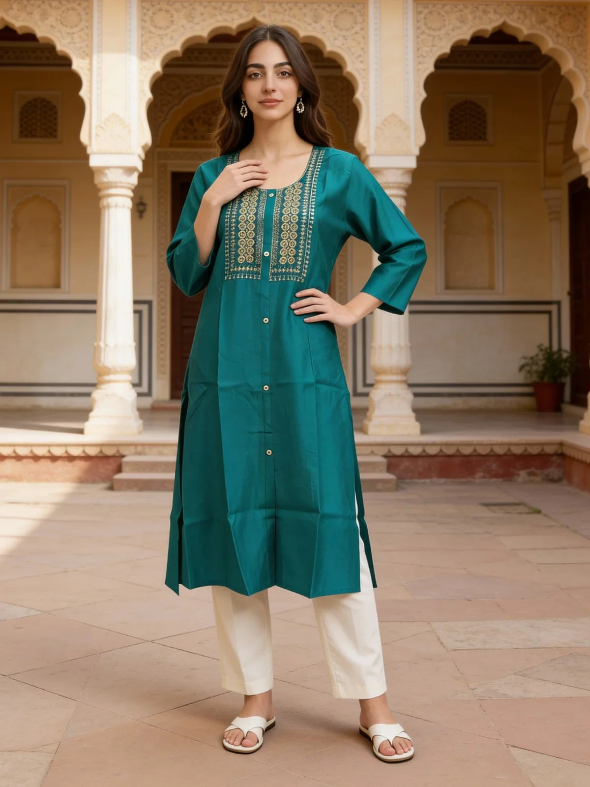 Buy Poly Viscose Embroidered A-Line Calf Length Kurta-Turquoise