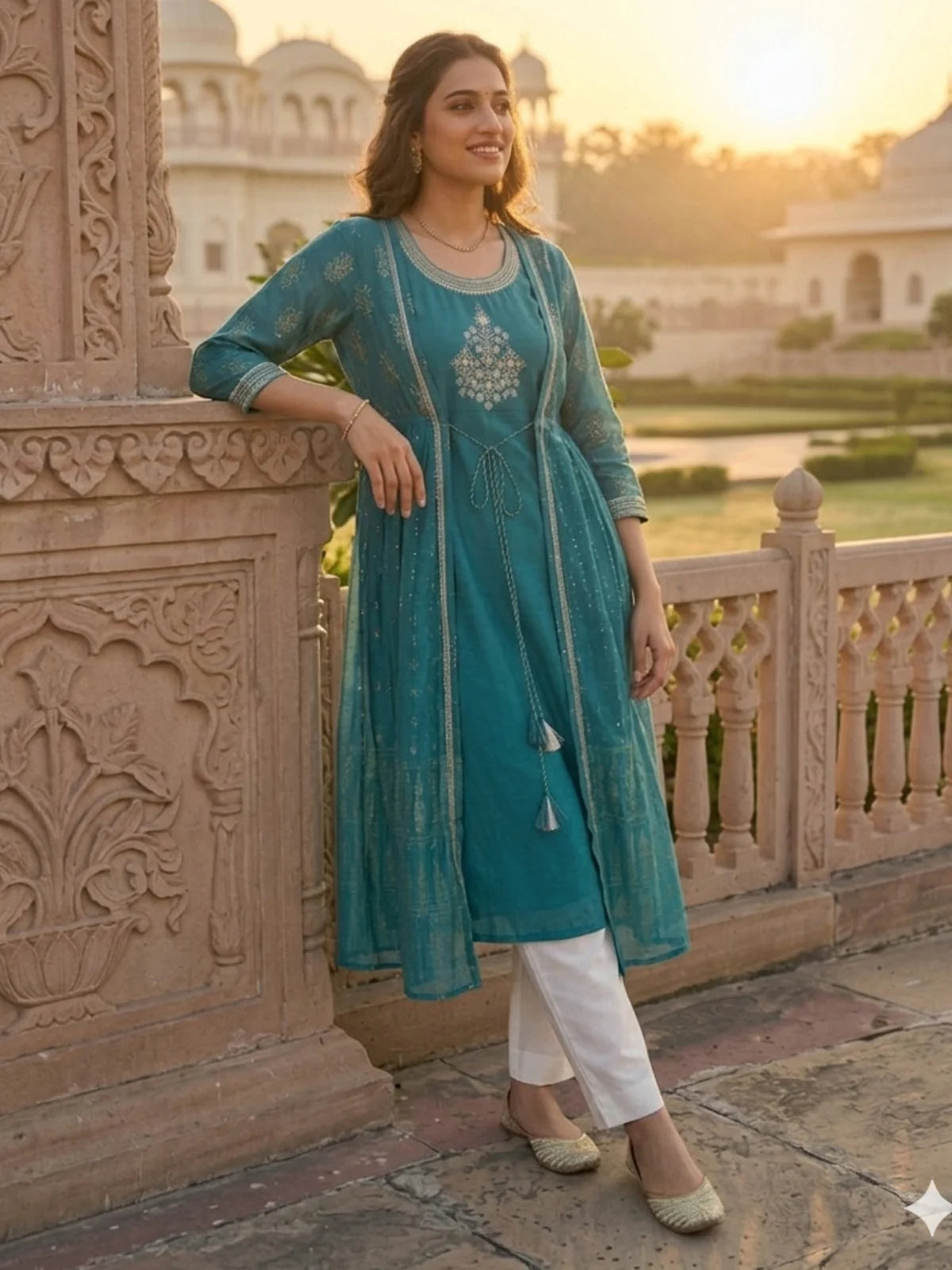 Buy Poly Viscose Embroidered Layered Calf Length Kurta-Turquoise