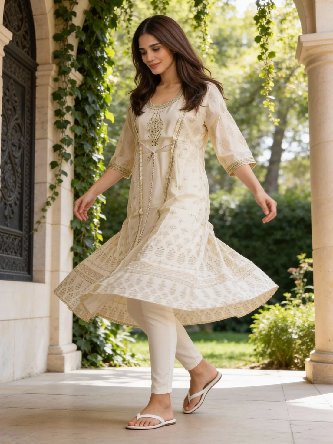 Buy Chanderi Embroidered Anarkali Calf Length Kurta-Cream