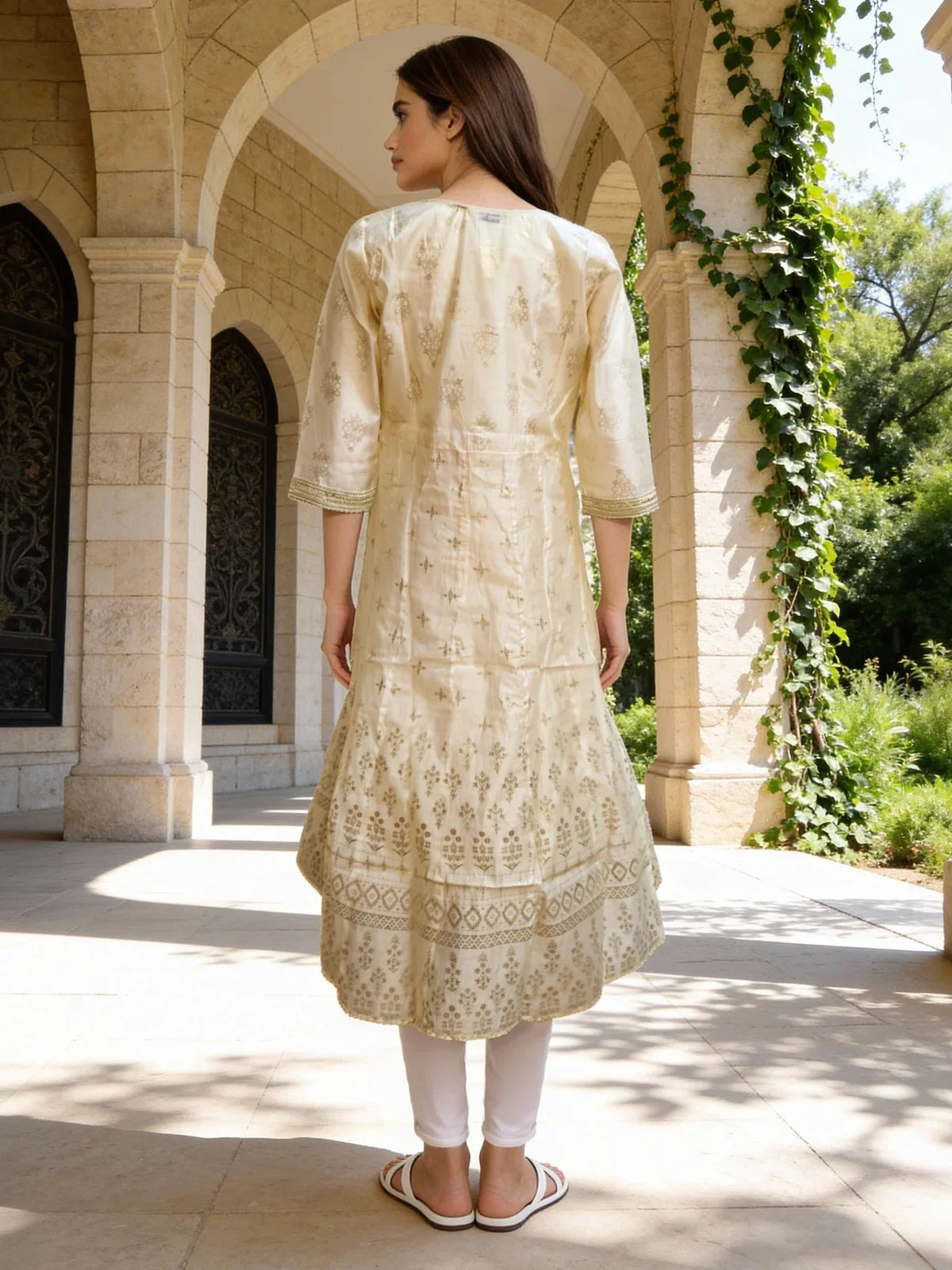Buy Chanderi Embroidered Anarkali Calf Length Kurta-Cream