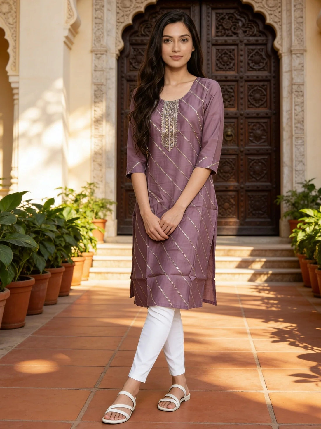 Buy Mauve Poly Viscose Embroidered Straight Calf Length Kurta-Mauve