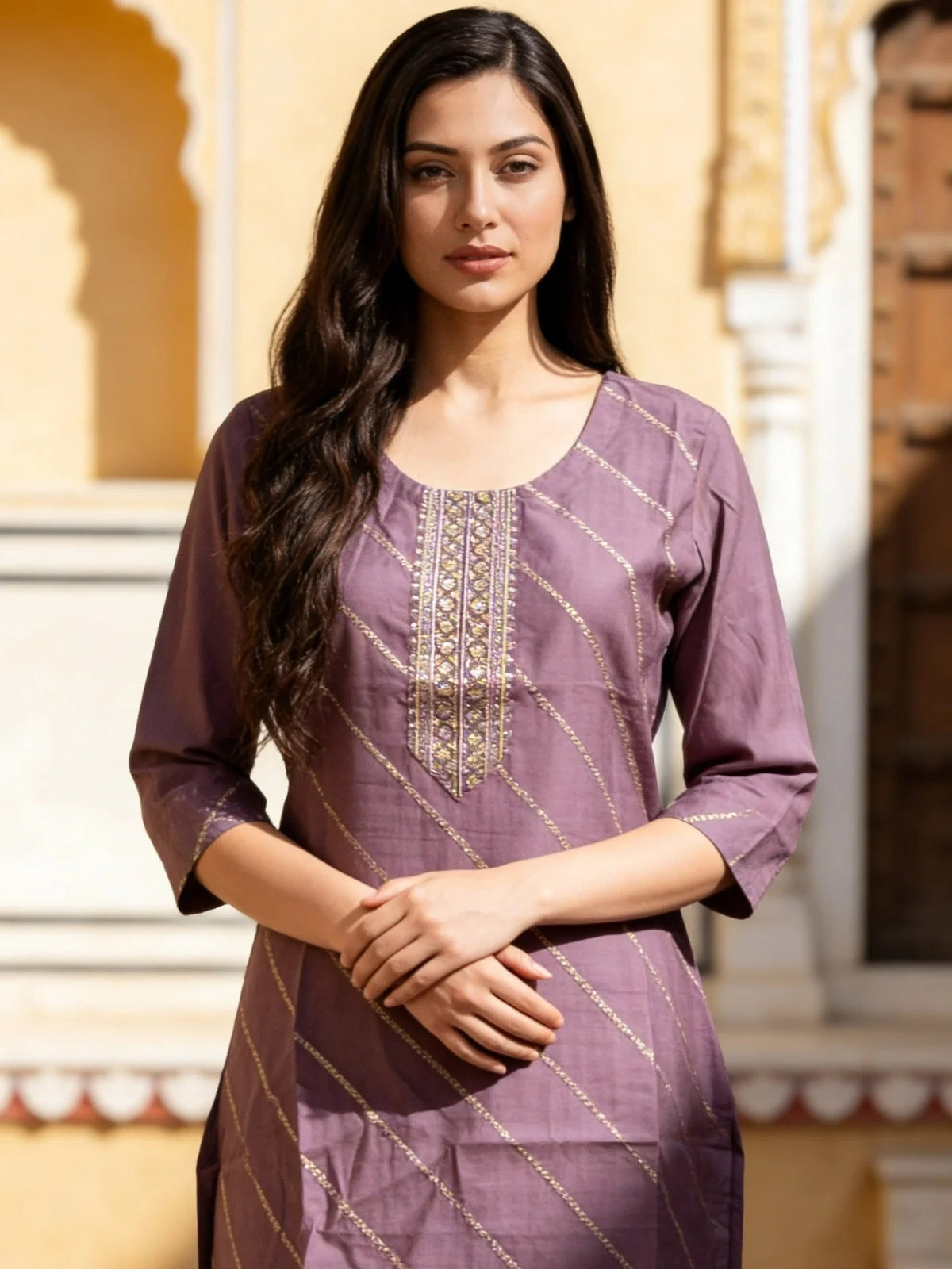 Buy Mauve Poly Viscose Embroidered Straight Calf Length Kurta-Mauve