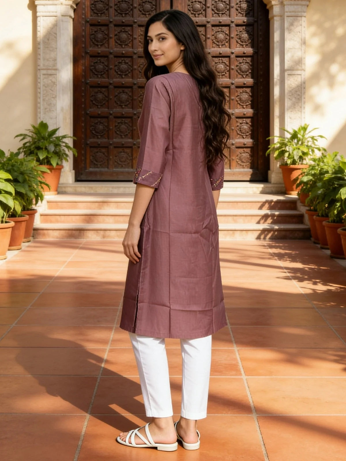 Buy Mauve Poly Viscose Embroidered Straight Calf Length Kurta-Mauve