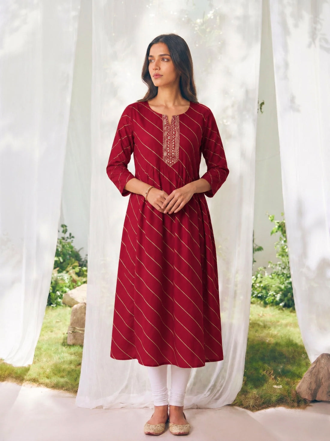 Buy Poly Viscose Embroidered Straight Calf Length Kurta-Red
