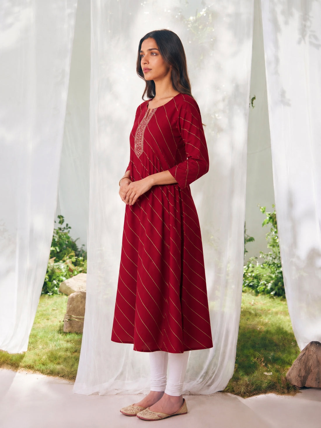 Buy Poly Viscose Embroidered Straight Calf Length Kurta-Red