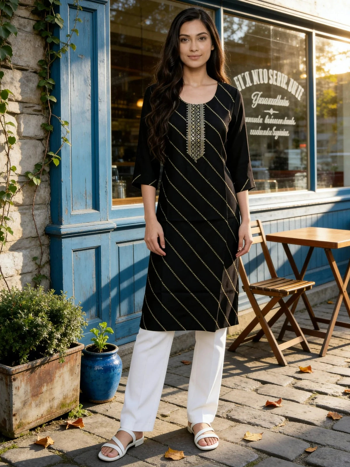 Buy Black Poly Viscose Embroidered Straight Calf Length Kurta-Black