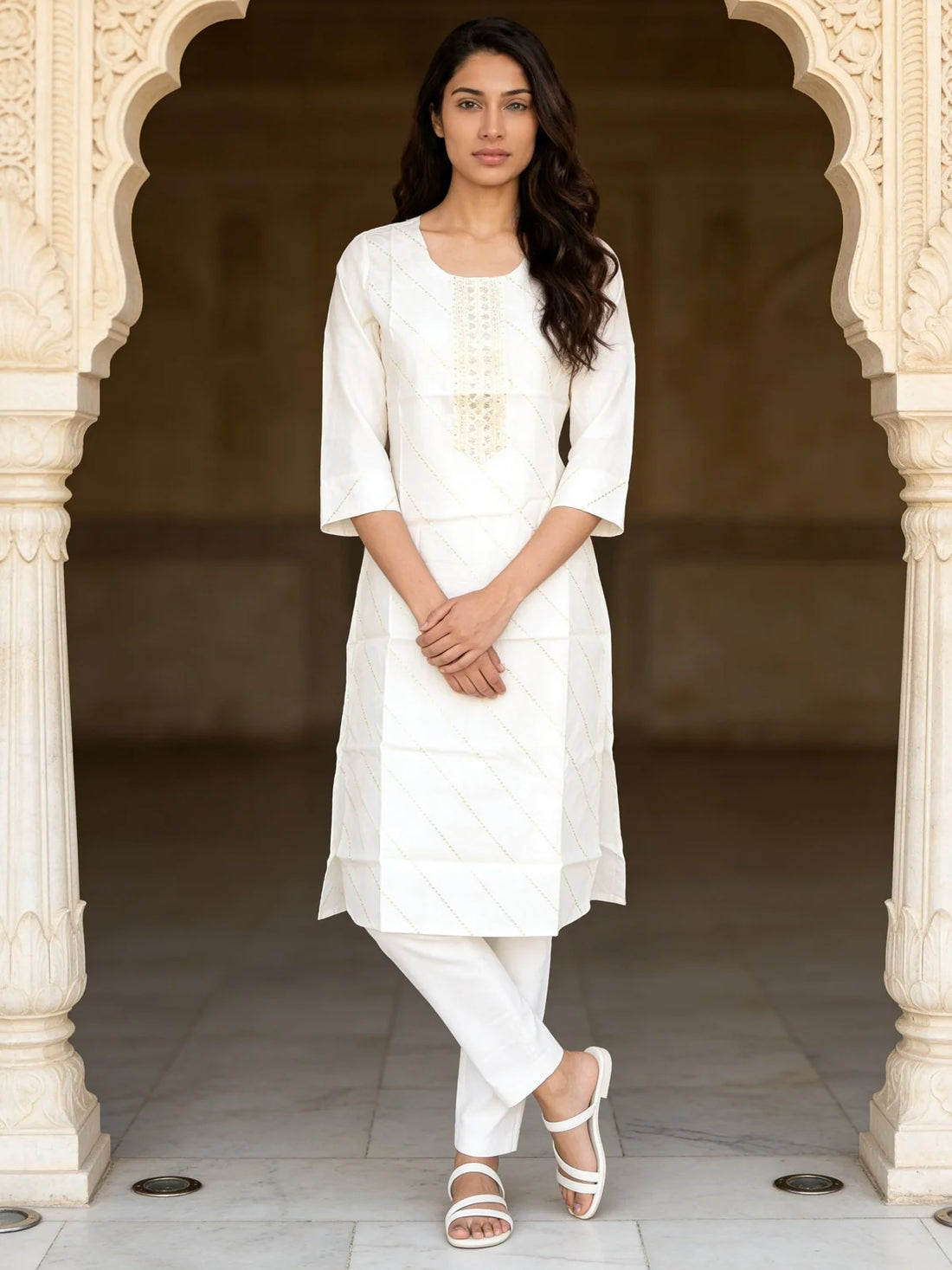 Buy Off White Poly Viscose Embroidered Straight Calf Length Kurta-Off White