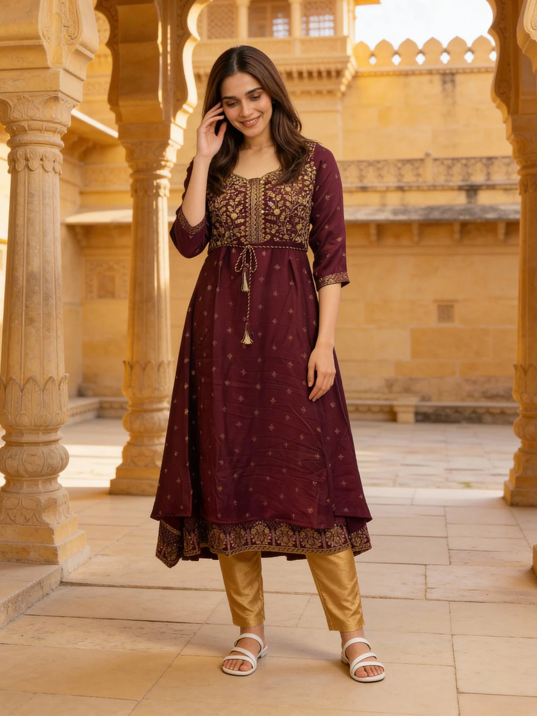 Buy Poly Viscose Embroidered Layered Calf Length Kurta-Wine