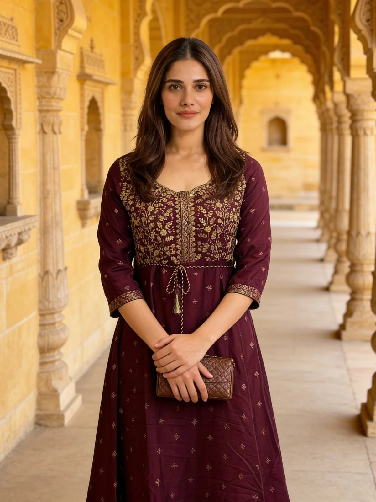 Buy Poly Viscose Embroidered Layered Calf Length Kurta-Wine