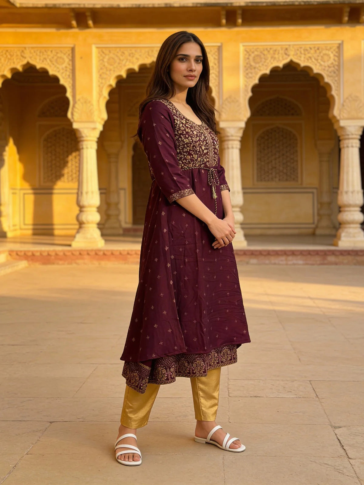 Buy Poly Viscose Embroidered Layered Calf Length Kurta-Wine