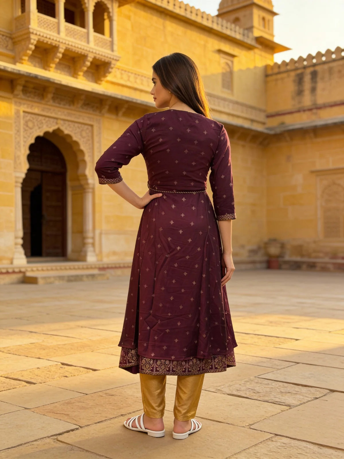 Buy Poly Viscose Embroidered Layered Calf Length Kurta-Wine