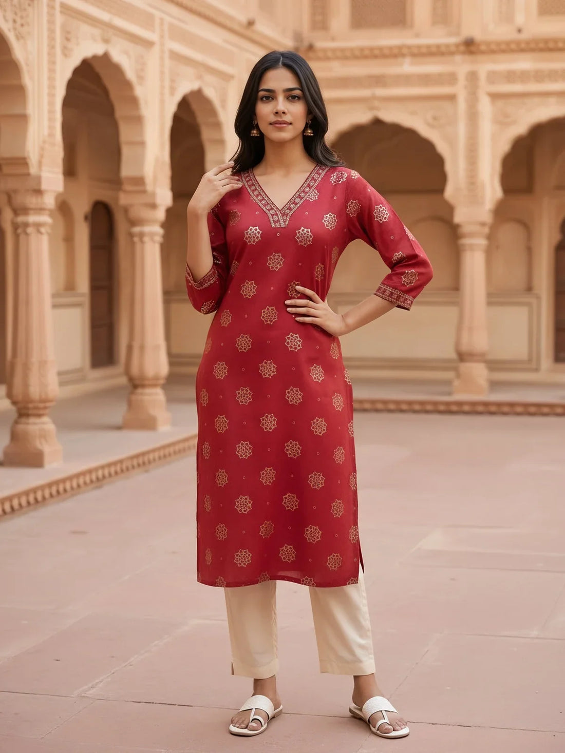 Buy Viscose Rayon Embroidered Straight Calf Length Kurta-Pink
