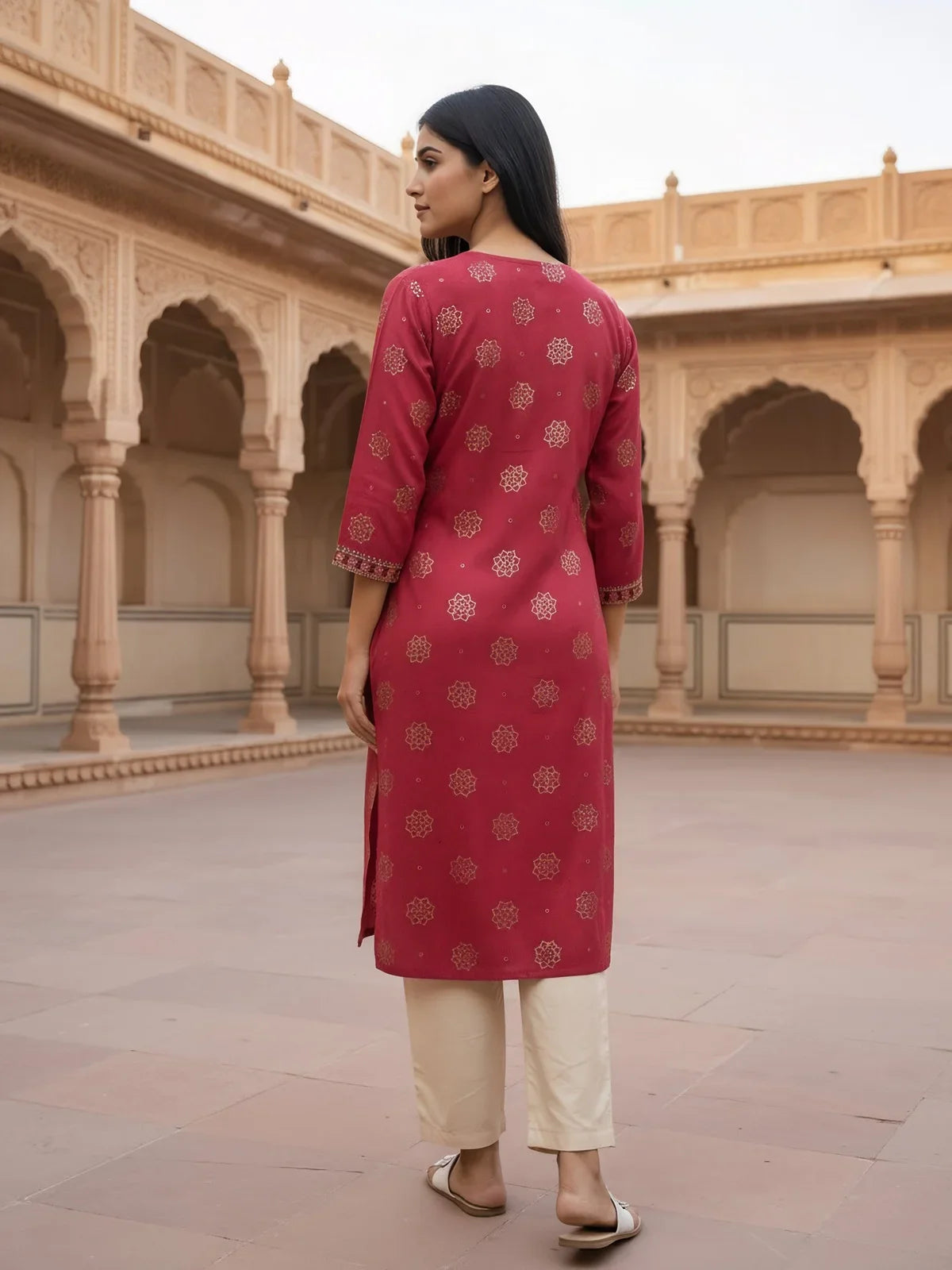 Buy Viscose Rayon Embroidered Straight Calf Length Kurta-Pink