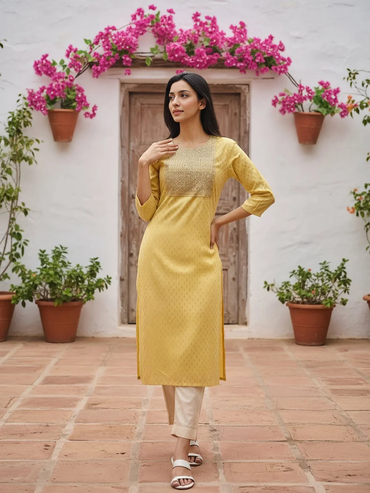 Buy Viscose Rayon Embroidered Straight Calf Length Kurta-Yellow