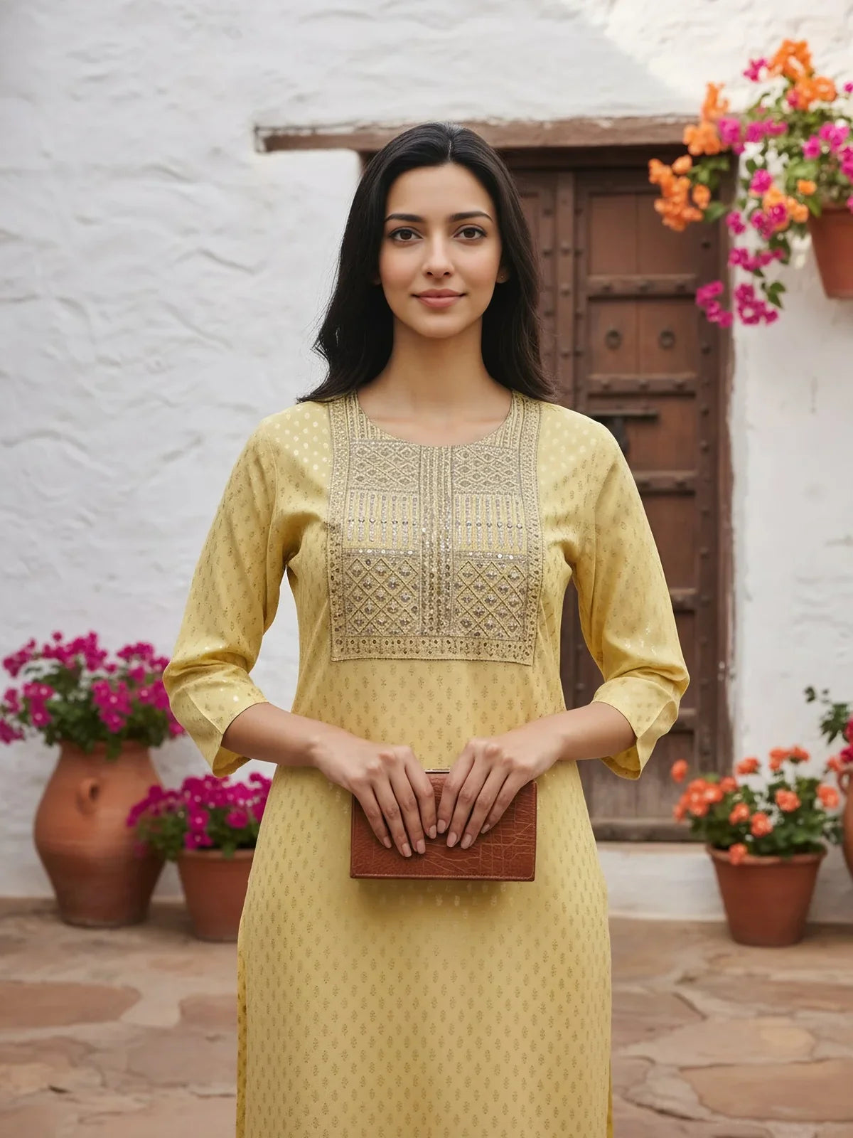 Buy Viscose Rayon Embroidered Straight Calf Length Kurta-Yellow