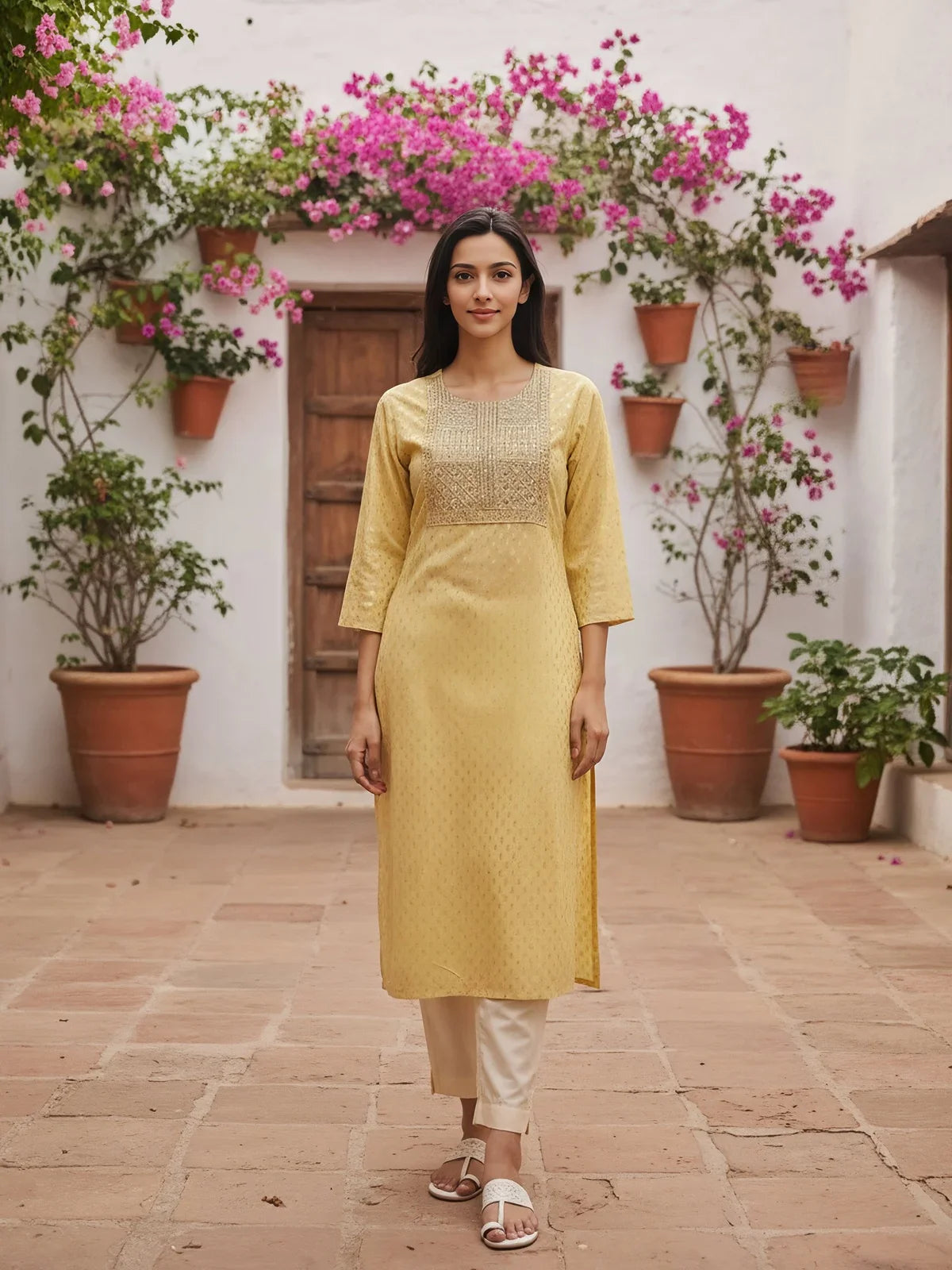 Buy Viscose Rayon Embroidered Straight Calf Length Kurta-Yellow
