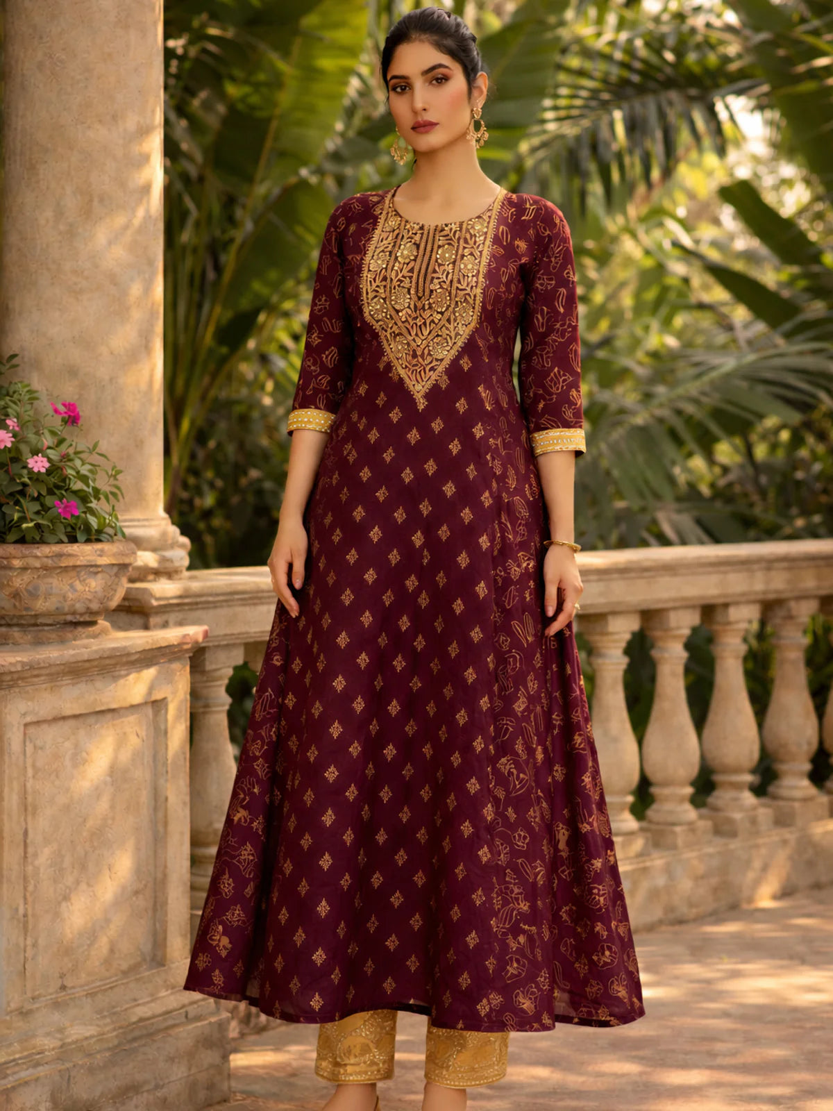 Buy Poly Viscose Embroidered Anarkali Calf Length Kurta-Wine