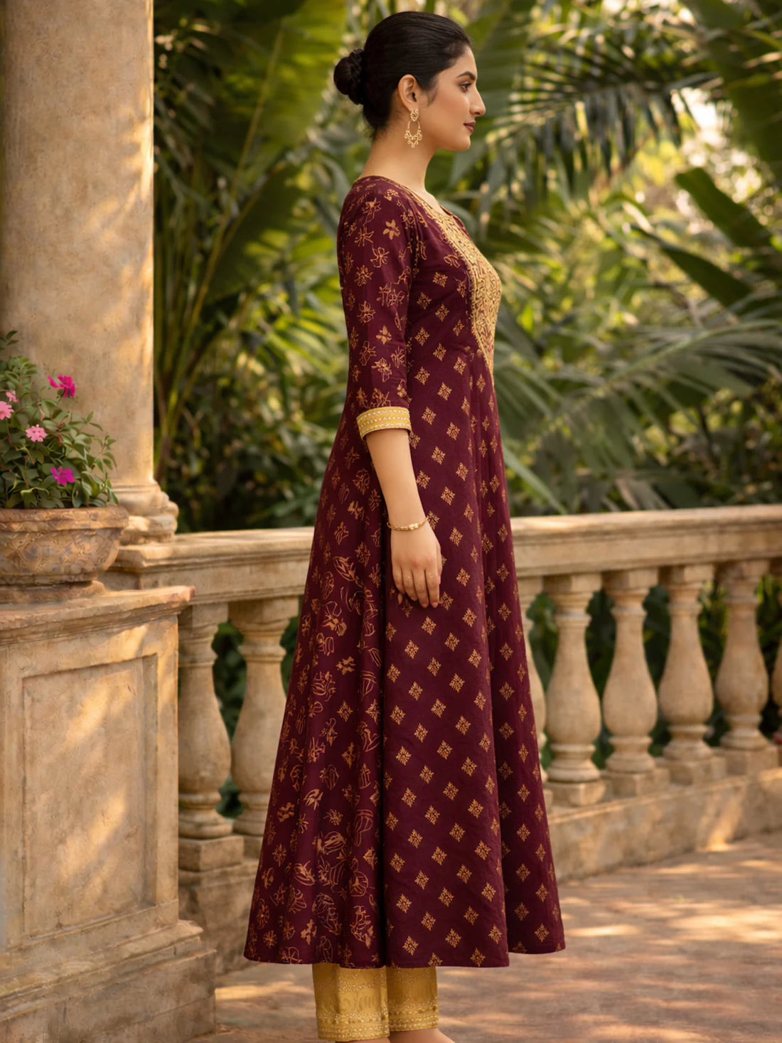 Buy Poly Viscose Embroidered Anarkali Calf Length Kurta-Wine
