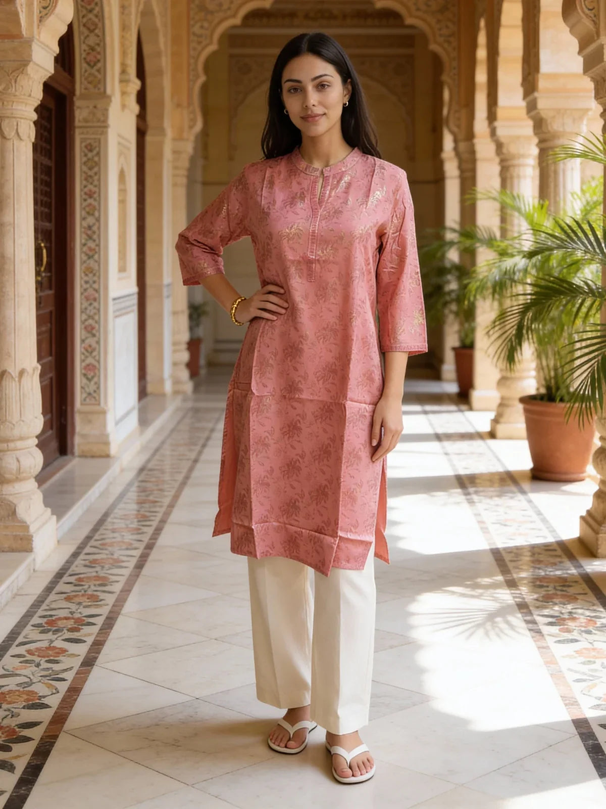 Buy Rayon Printed Straight Calf Length Kurta-Pink