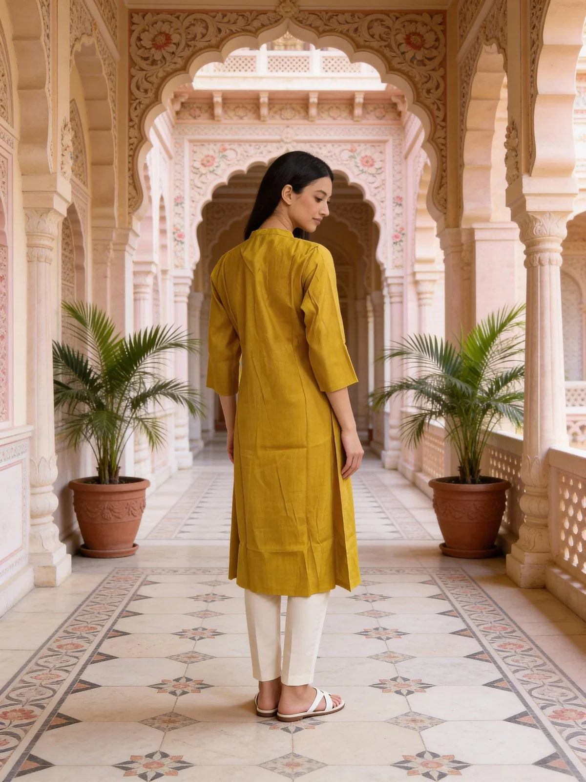 Buy Poly Viscose Embroidered A-Line Calf Length Kurta-Yellow