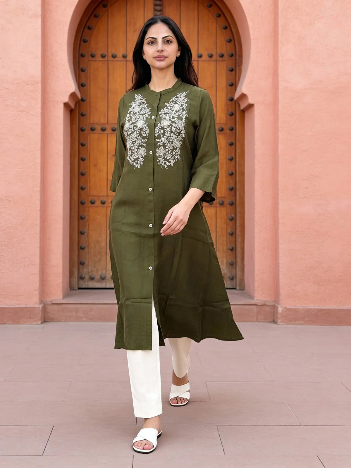Buy Poly Viscose Embroidered A-Line Calf Length Kurta-Olive