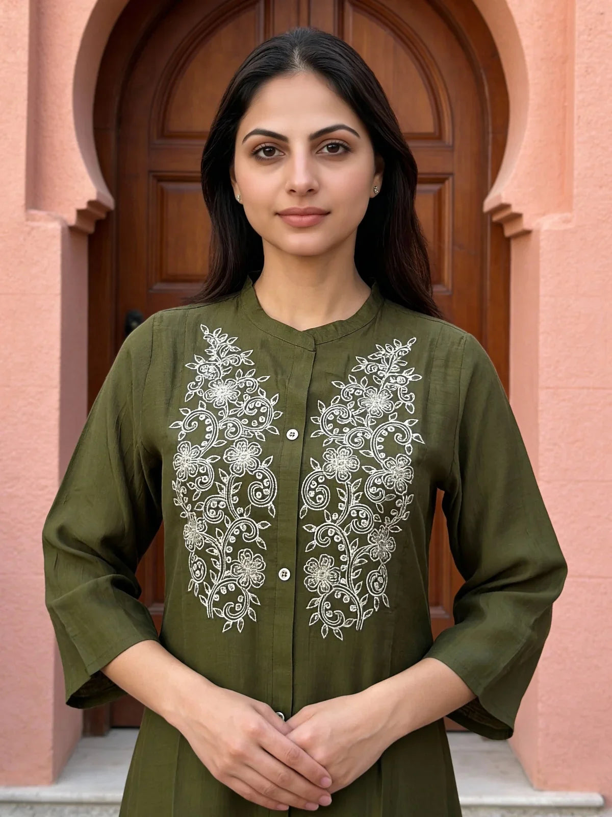 Buy Poly Viscose Embroidered A-Line Calf Length Kurta-Olive