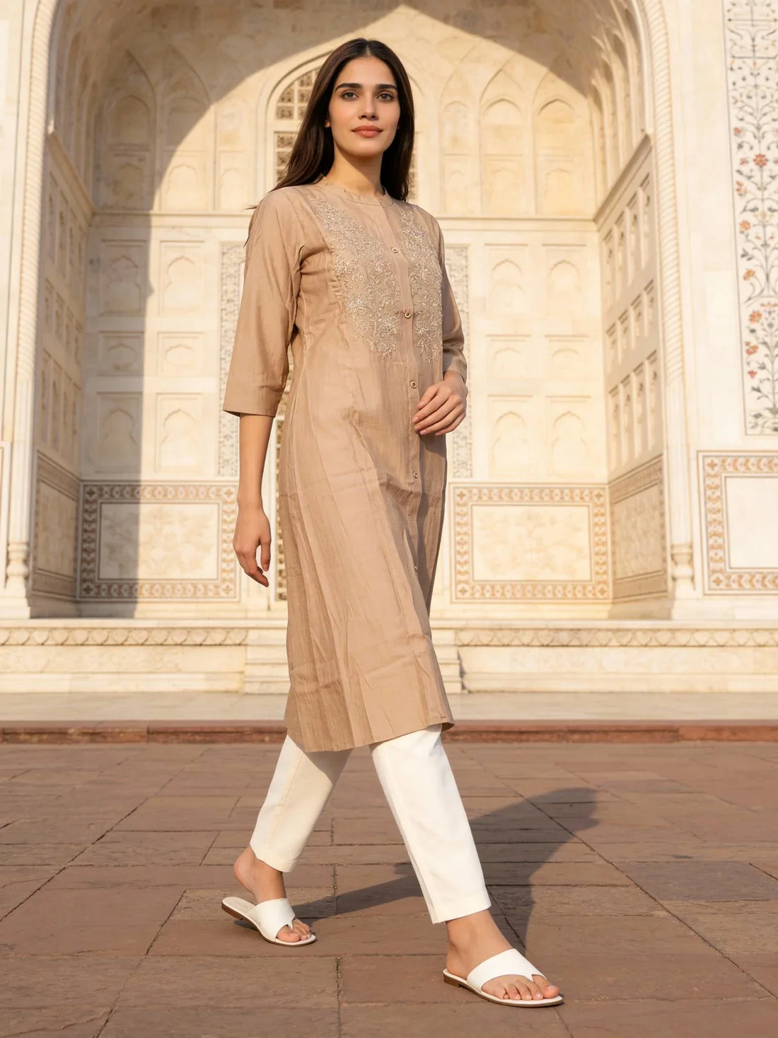 Buy Poly Viscose Embroidered A-Line Calf Length Kurta-Beige