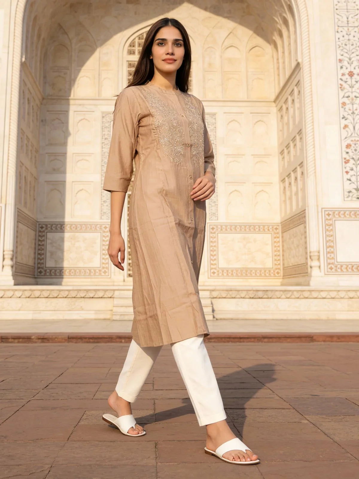 Buy Poly Viscose Embroidered A-Line Calf Length Kurta-Beige