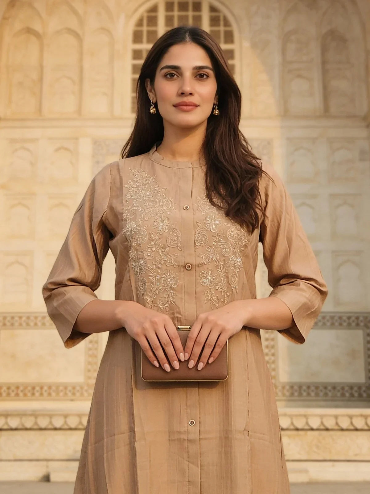 Buy Poly Viscose Embroidered A-Line Calf Length Kurta-Beige