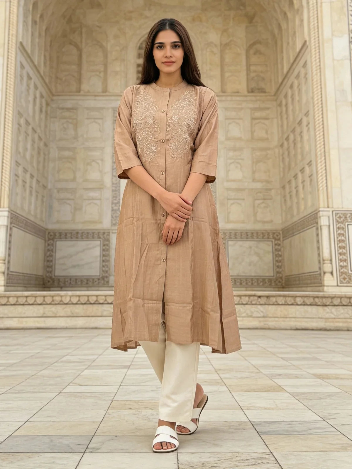 Buy Poly Viscose Embroidered A-Line Calf Length Kurta-Beige