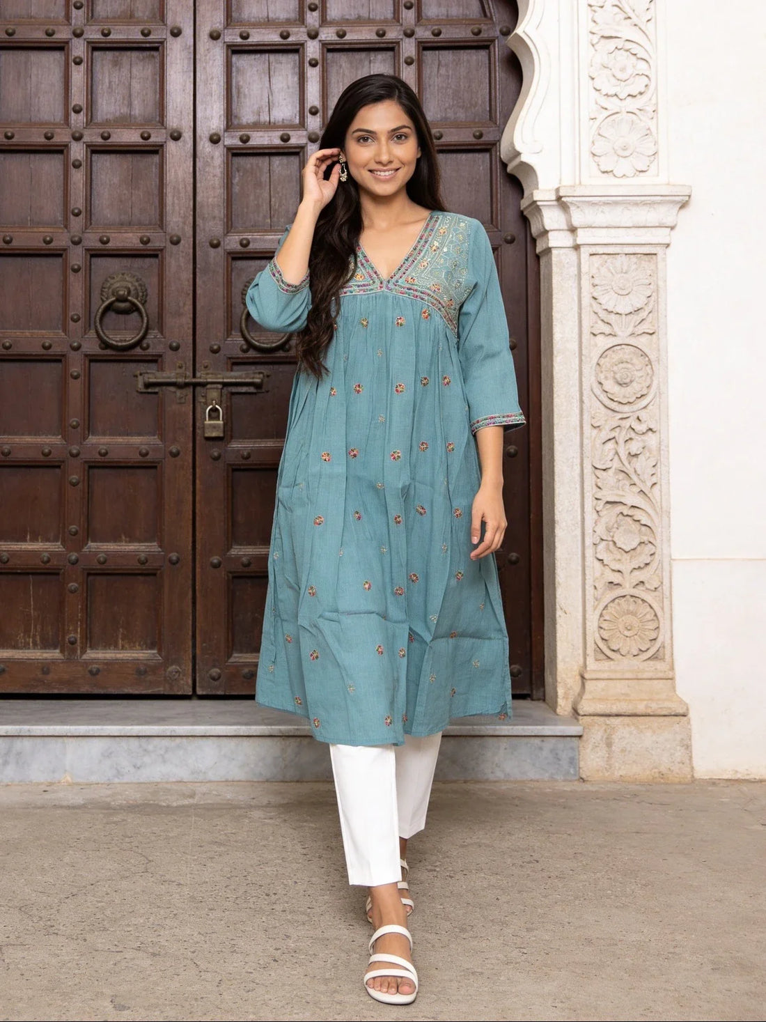 Buy Rayon Embroidered Anarkali Calf Length Kurta-Grey