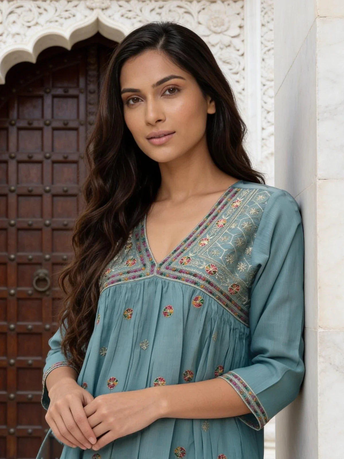 Buy Rayon Embroidered Anarkali Calf Length Kurta-Grey