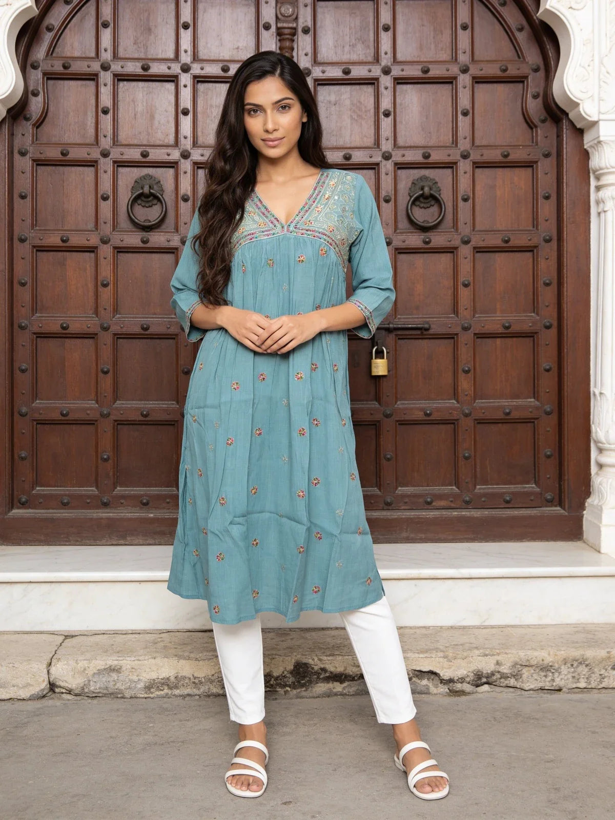Buy Rayon Embroidered Anarkali Calf Length Kurta-Grey