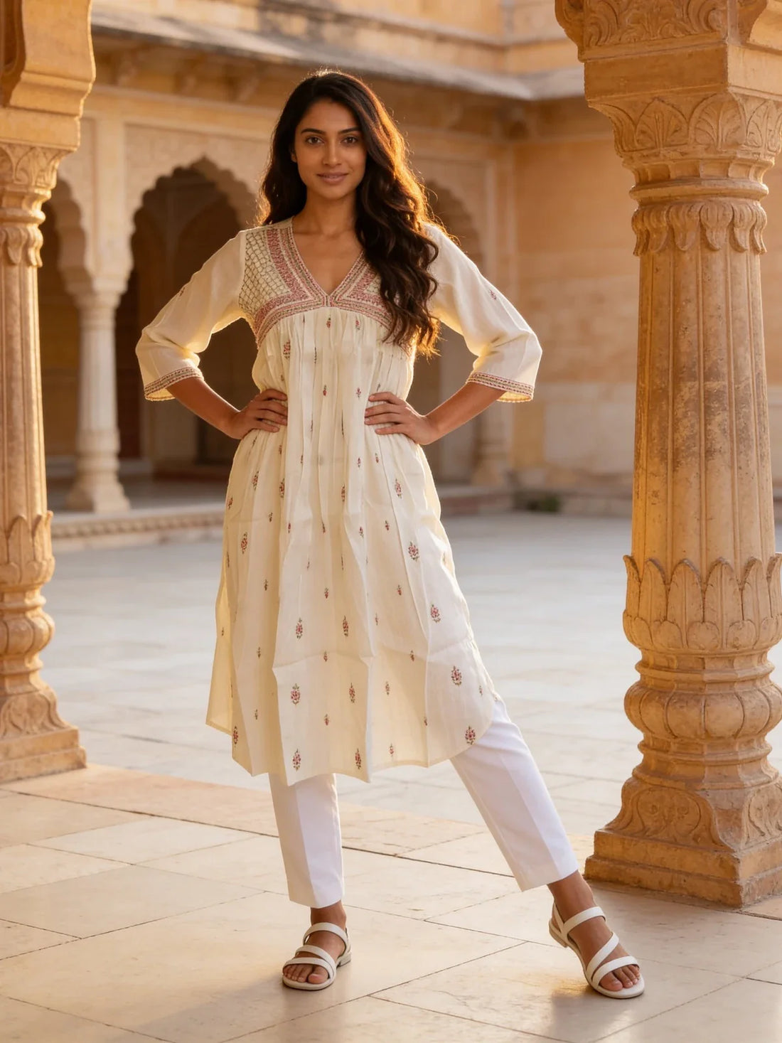Buy Rayon Embroidered Anarkali Calf Length Kurta-White
