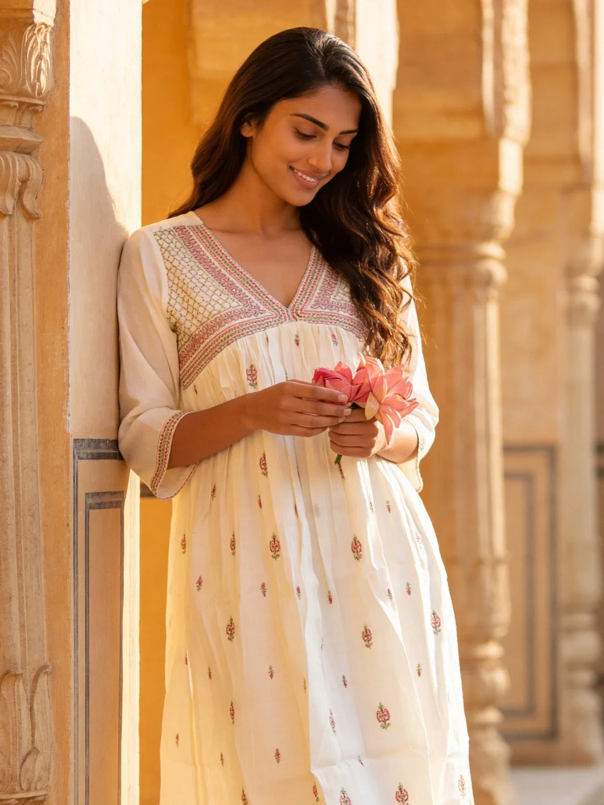 Buy Rayon Embroidered Anarkali Calf Length Kurta-White