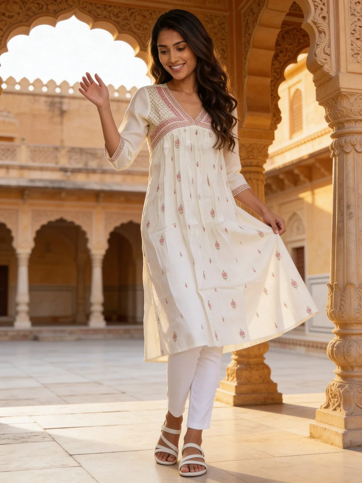 Buy Rayon Embroidered Anarkali Calf Length Kurta-White