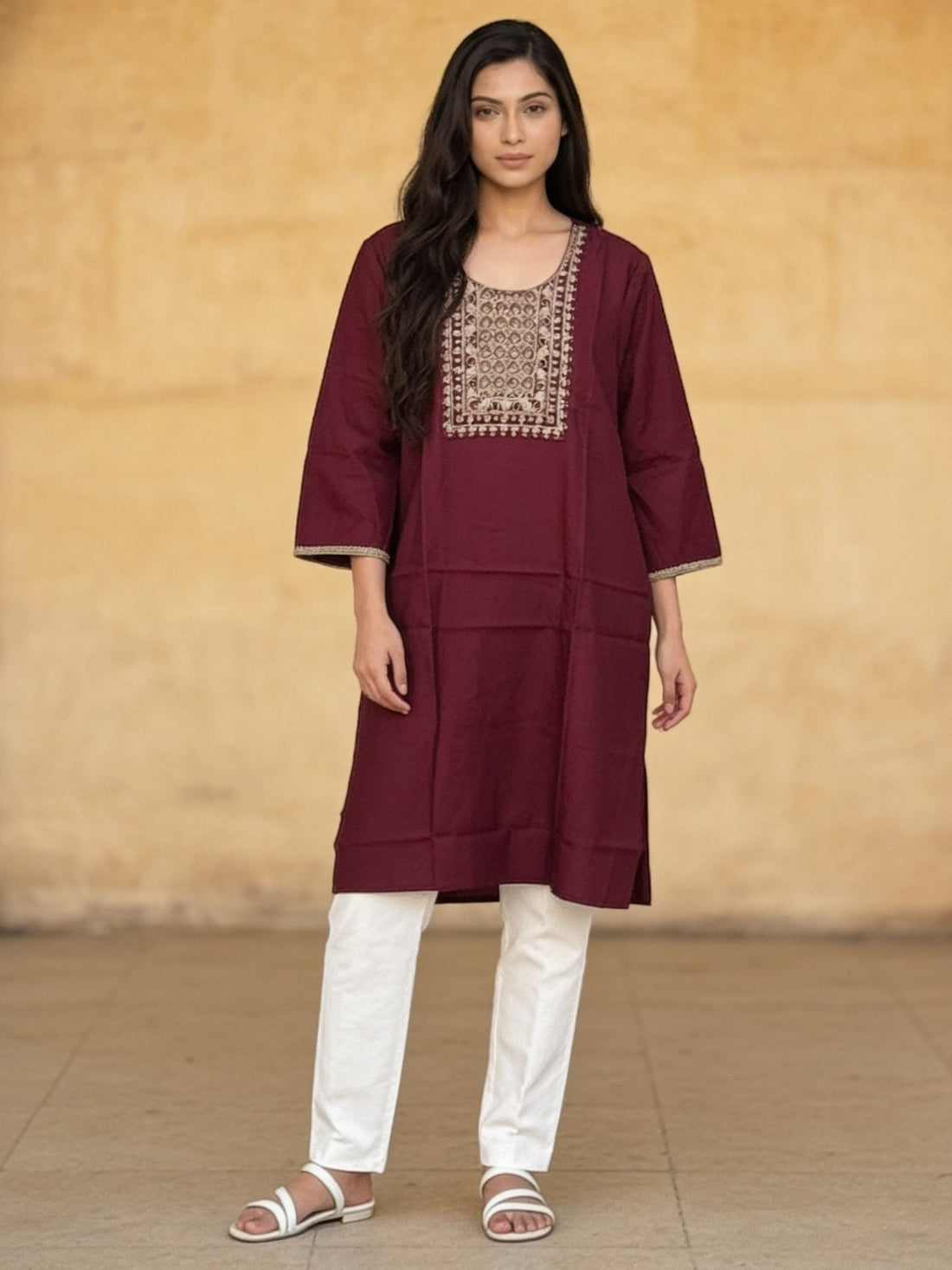 Buy Poly Viscose Embroidered Straight Calf Length Kurta-Maroon