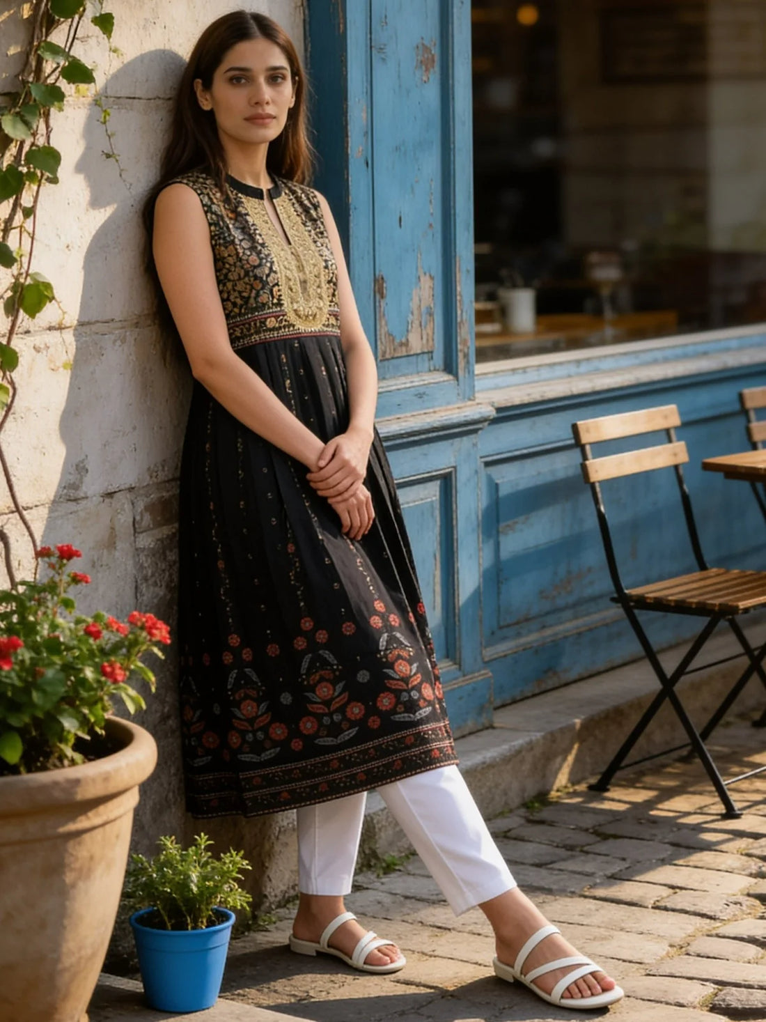 Buy Poly Viscose Embroidered Anarkali Calf Length Kurta With Pant and Dupatta-Grey