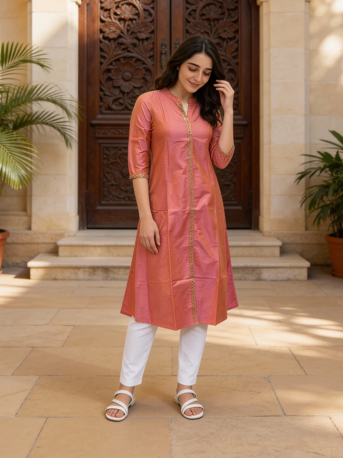 Buy Polyester Embroidered A-line Calf Length Kurta-Pink