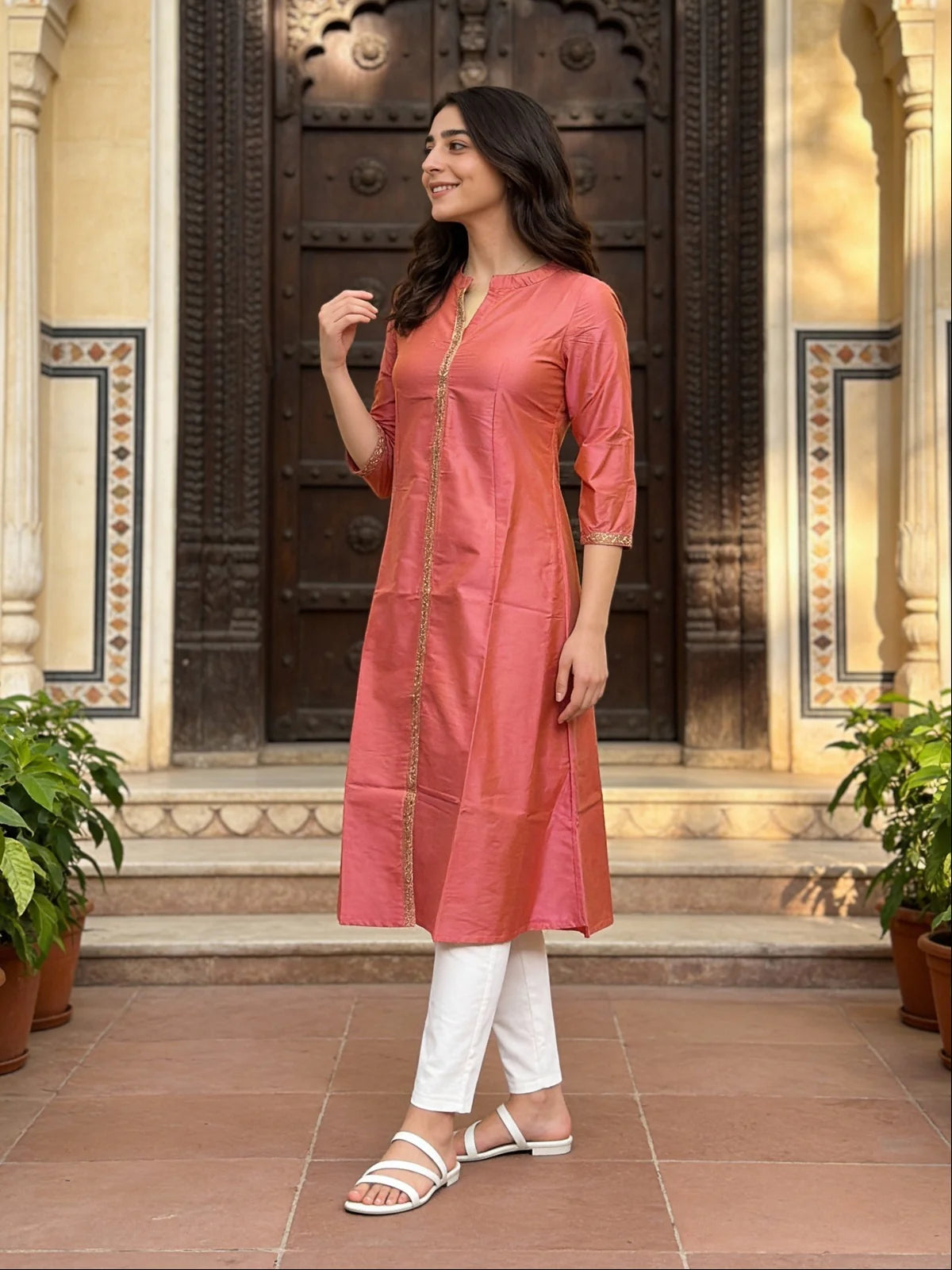 Buy Polyester Embroidered A-line Calf Length Kurta-Pink