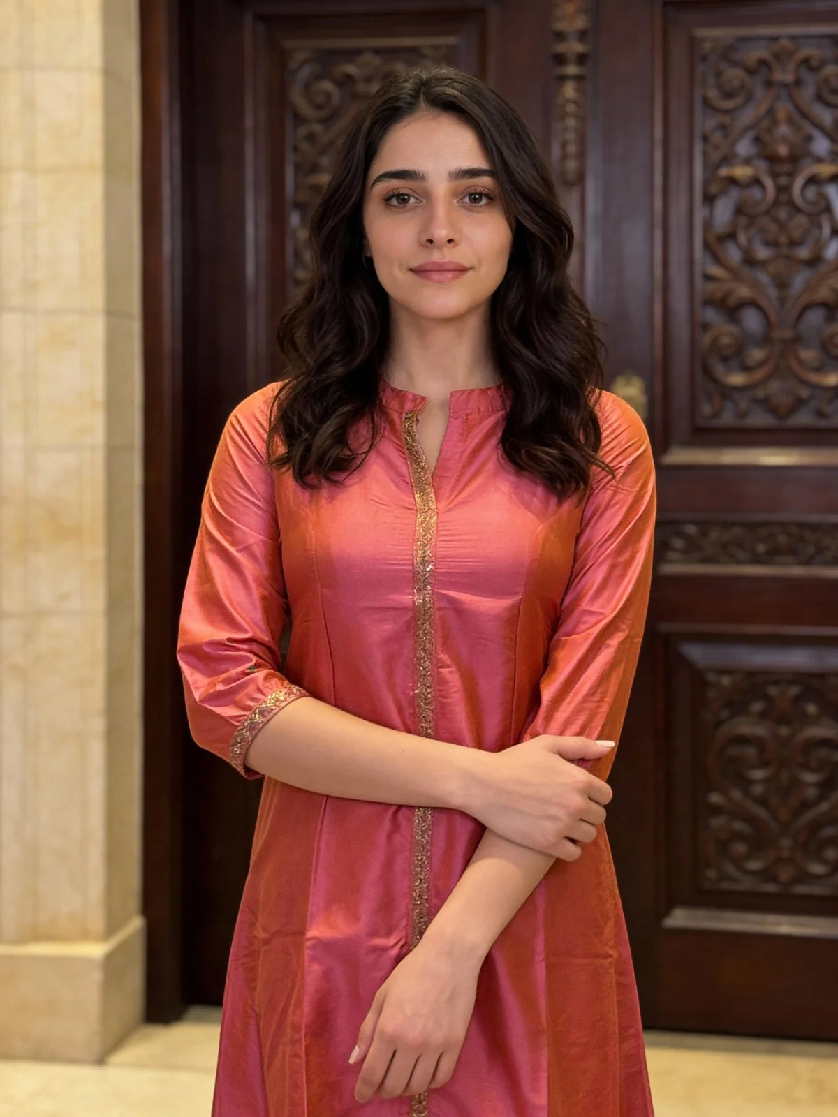 Buy Polyester Embroidered A-line Calf Length Kurta-Pink