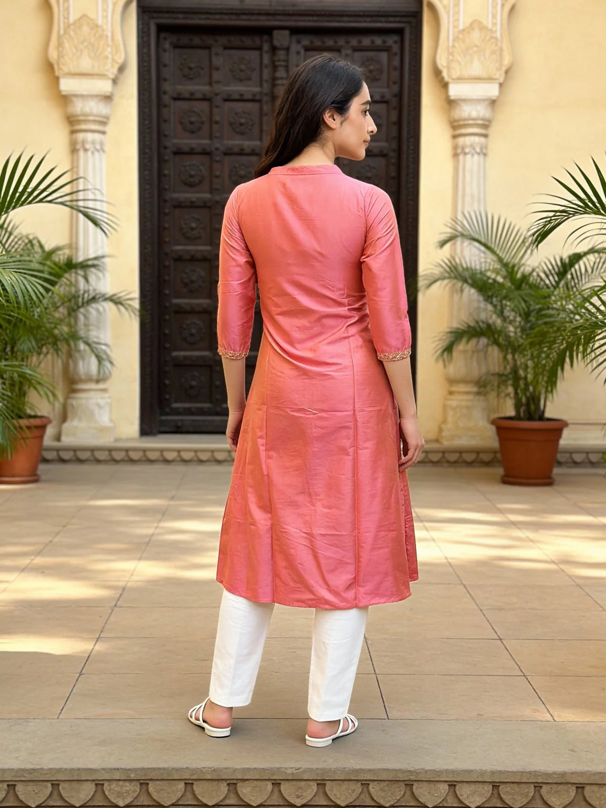Buy Polyester Embroidered A-line Calf Length Kurta-Pink