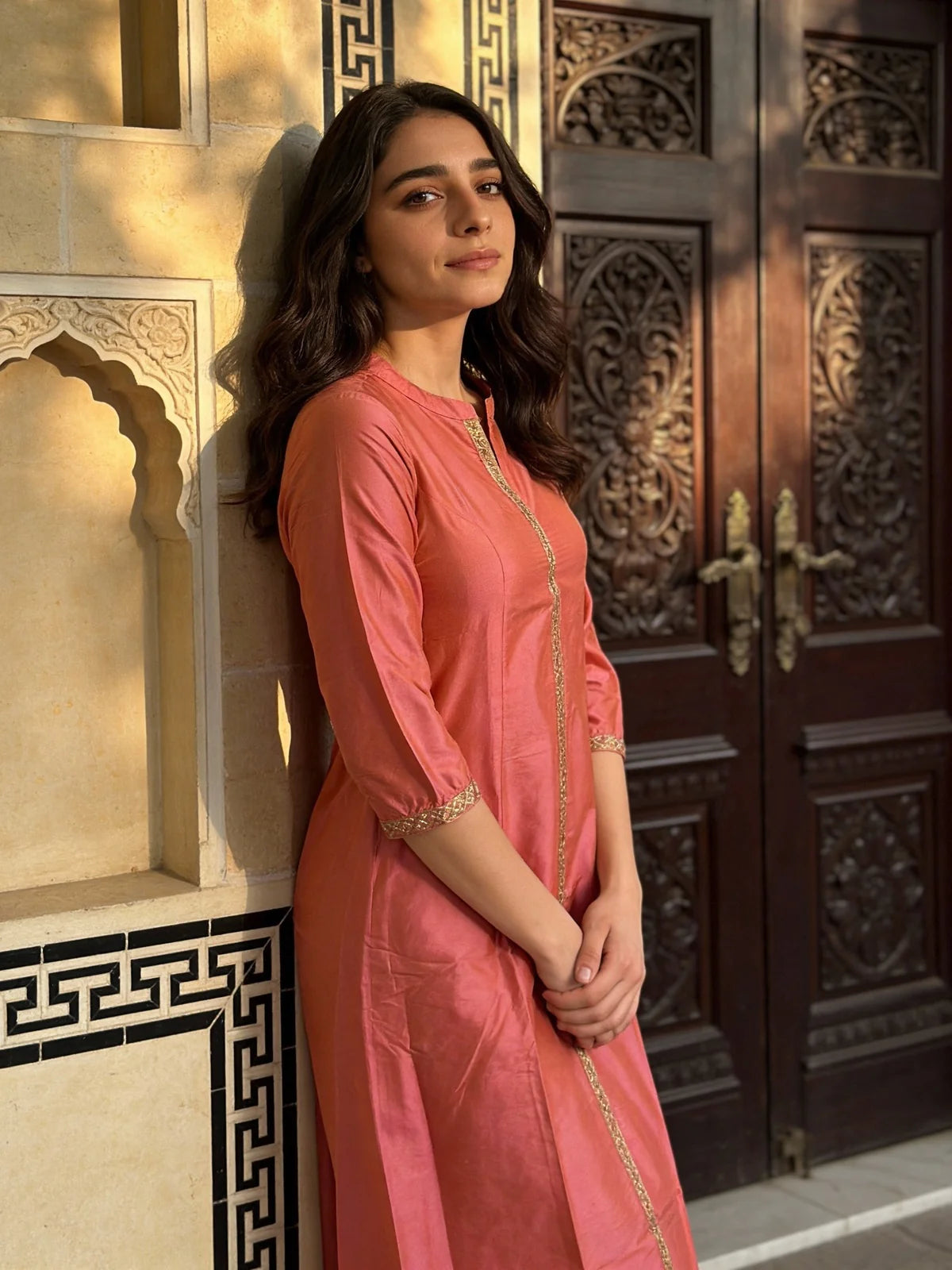 Buy Polyester Embroidered A-line Calf Length Kurta-Pink