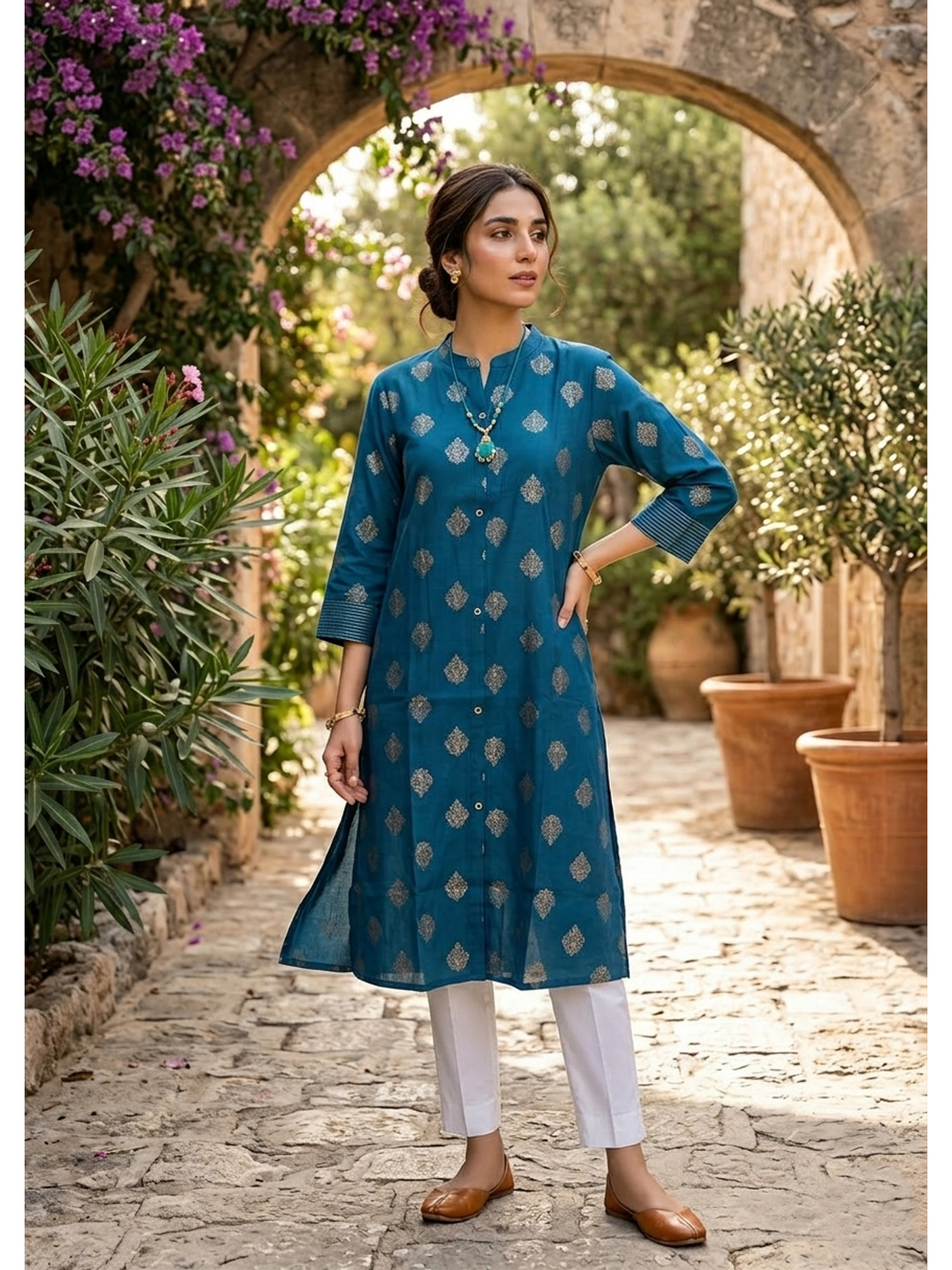 Rangita Kurta Donna Anarkali In Rayon Rosa, Con Gotta Patti, Maniche 3/4, Taglie Forti Disponibili - 3