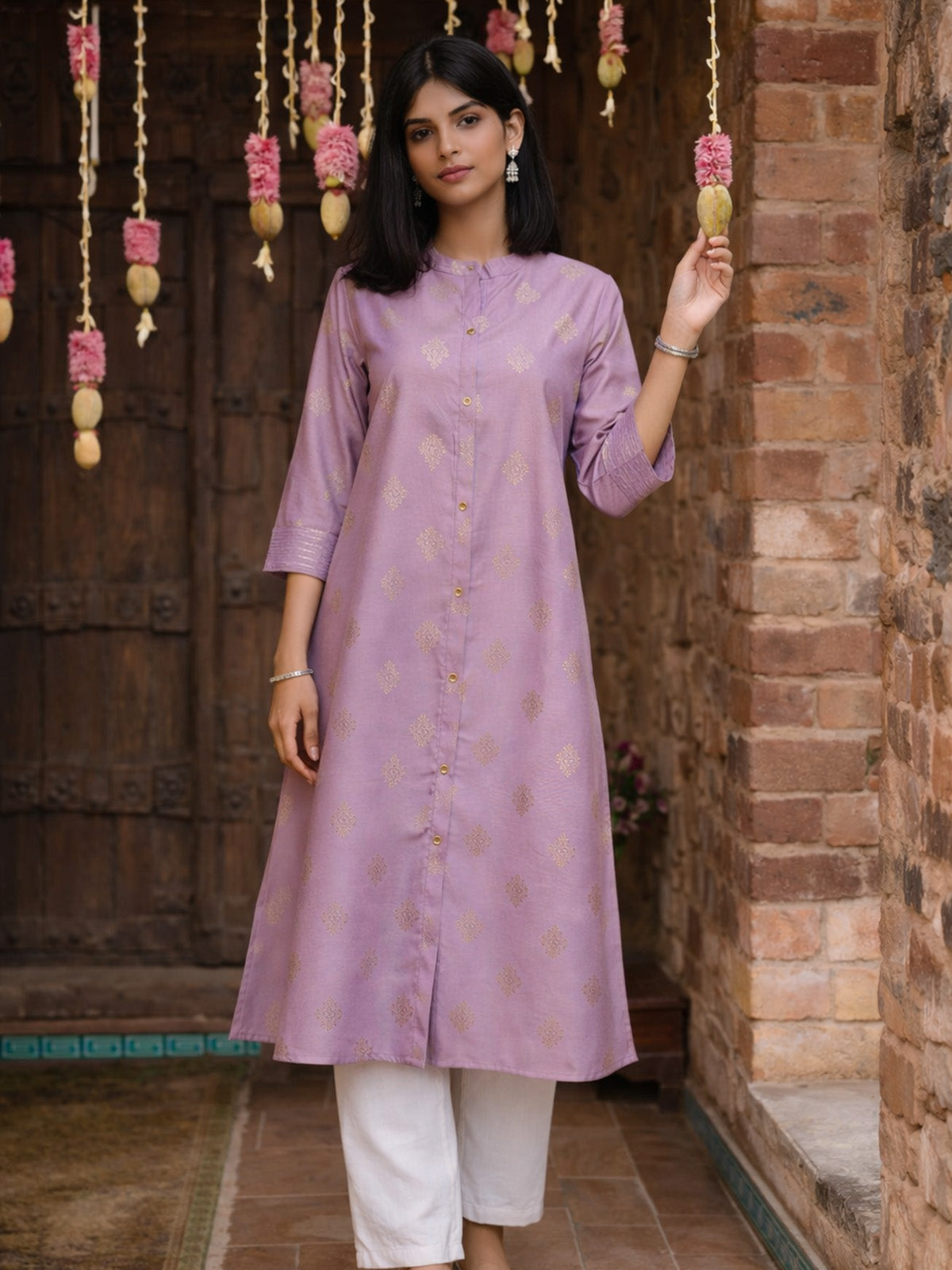 Buy Poly Viscose Printed Straight Calf Length Kurta-Mauve