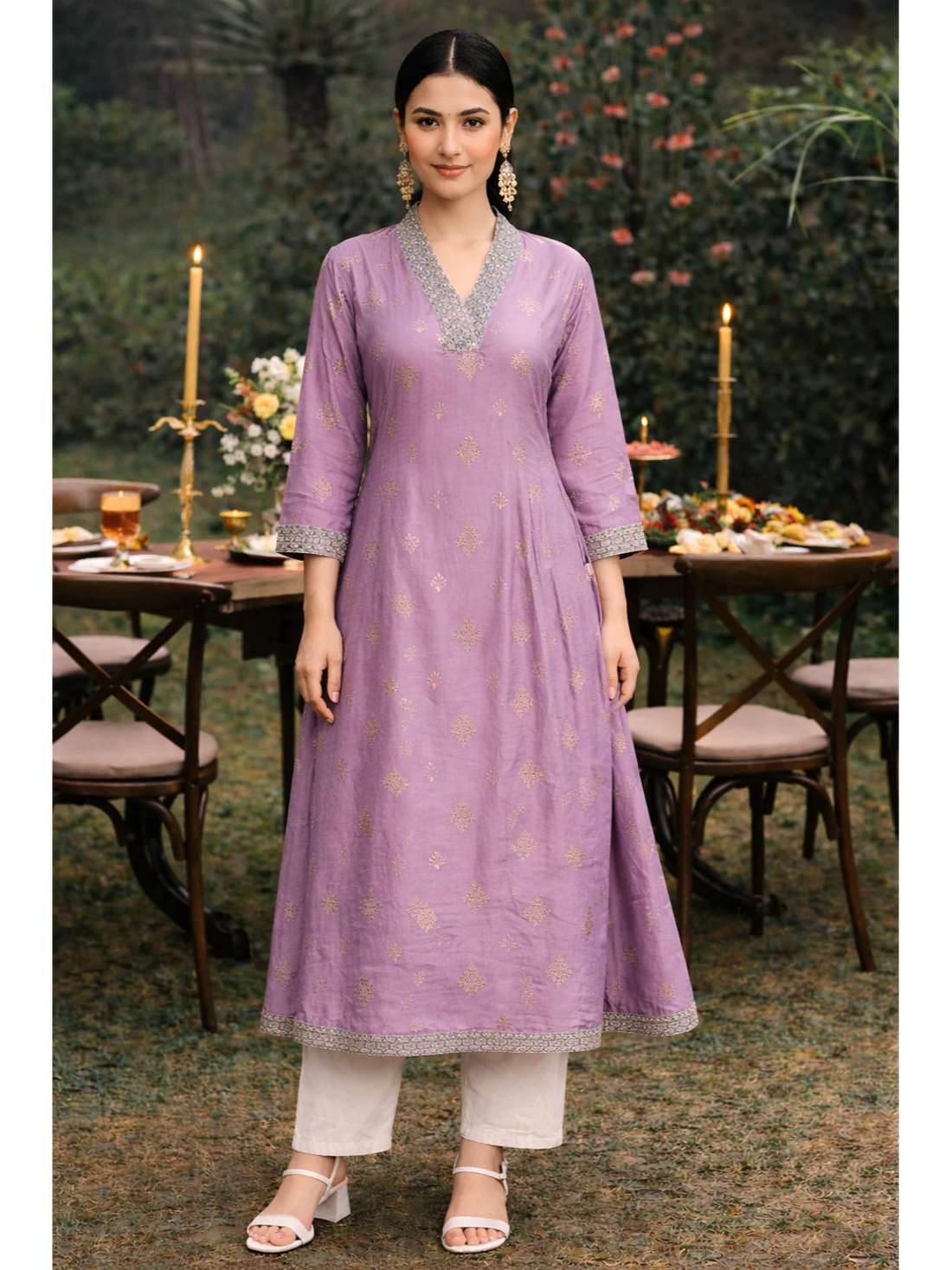 Buy Poly Viscose Embroidered Anarkali Calf Length Kurta-Mauve