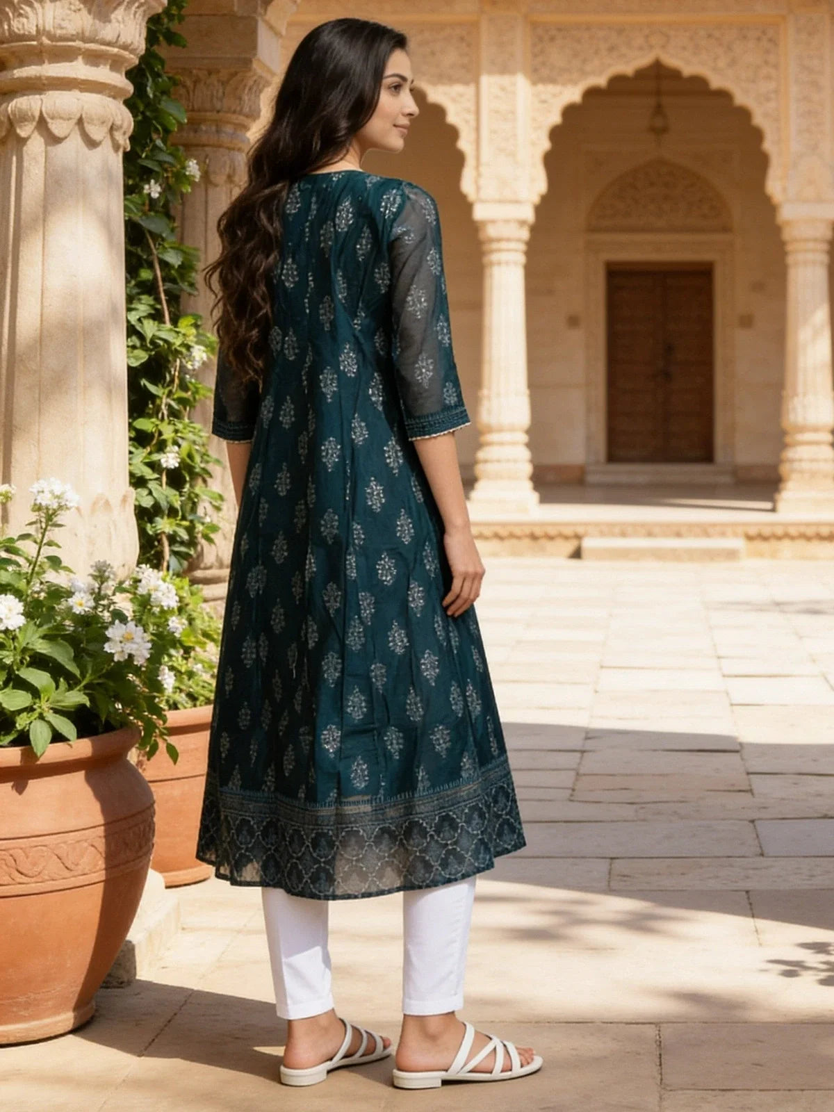 Buy Poly Viscose Embroidered Kalidar Calf Length Kurta-Teal