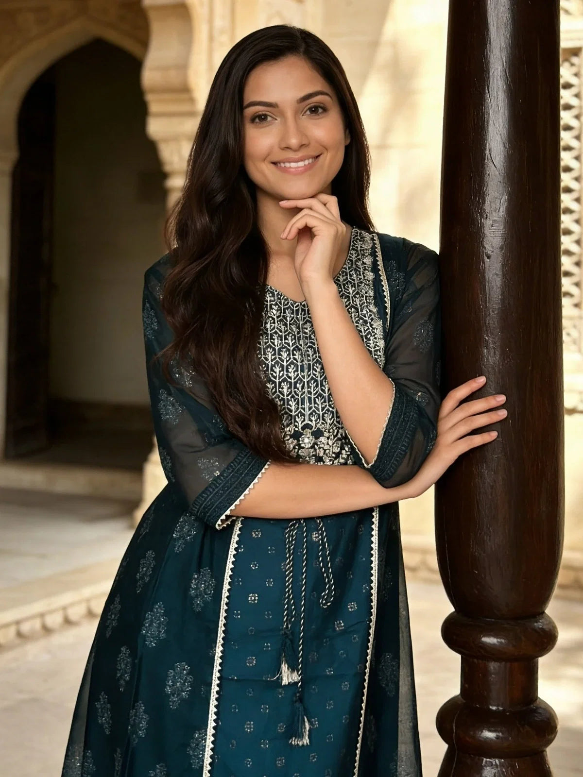 Buy Poly Viscose Embroidered Kalidar Calf Length Kurta-Teal